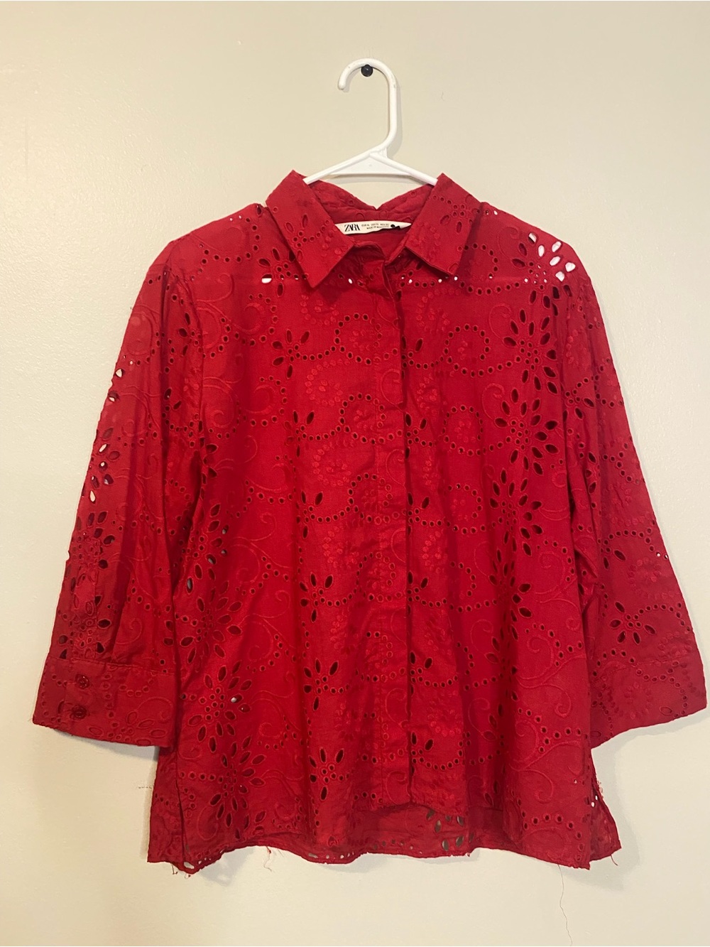 Zara ZW Collection Embroidered Poplin Shirt Red Eyelet Cutwork XL 8005/916 - Picture 3 of 10